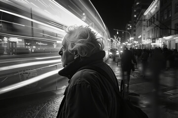 A man standing on a city street at night looking at a bus passing by