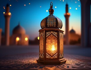 Ornamental Arabic lantern with burning candle glowing at night mosque background. Festive greeting card, invitation for Muslim holy month Ramadan 