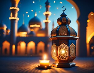 Ornamental Arabic lantern with burning candle glowing at night mosque background. Festive greeting card, invitation for Muslim holy month Ramadan 