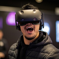 Amazed man experiencing virtual reality with a VR headset on the head