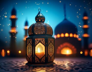 Ornamental Arabic lantern with burning candle glowing at night mosque background. Festive greeting card, invitation for Muslim holy month Ramadan 