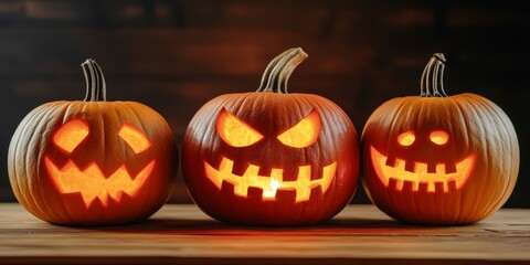 Three meticulously carved pumpkins illuminate a wooden table, showcasing creative designs for Halloween celebrations