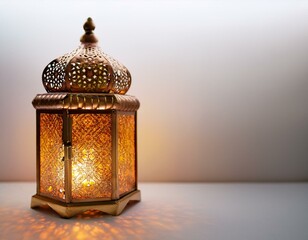 Ornamental Arabic lantern with burning candle glowing at night mosque background. Festive greeting card, invitation for Muslim holy month Ramadan 