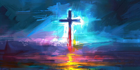 A cross illuminated against an abstract, ethereal background, symbolizing the Christian faith in Jesus Christ.