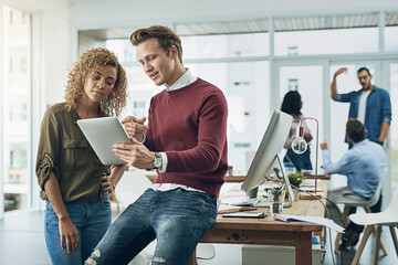 Wall Mural - Tablet, business people and digital planning with ux design for company website update with talk. Happy, tech and smile of staff with collaboration, work and discussion at creative coworking office