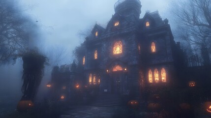 Wall Mural - A misty atmosphere surrounds a gothic mansion with glowing windows and elaborate Halloween decorations enhancing its dark allure