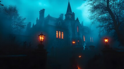 Wall Mural - A gothic mansion with glowing Halloween decorations high contrast lighting and a misty atmosphere creating an eerie ambiance