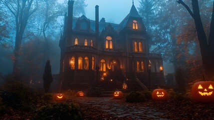 Wall Mural - A misty atmosphere enhances the dark allure of a gothic mansion with glowing windows and elaborate Halloween decorations