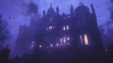 Wall Mural - A dark mansion with intricate gothic architecture glowing windows and elaborate Halloween decorations creating a misty eerie atmosphere