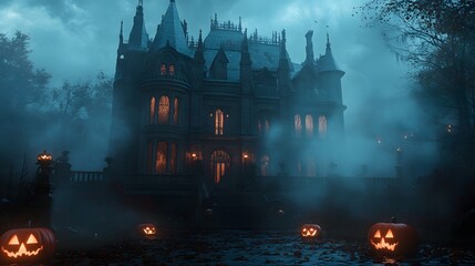 Wall Mural - A misty scene with a dark gothic mansion glowing windows and detailed Halloween decorations enhancing its spooky allure