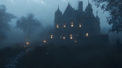 Wall Mural - A misty scene with a dark gothic mansion glowing windows and detailed Halloween decorations enhancing its spooky allure