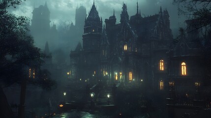 Wall Mural - A dark mansion with intricate gothic architecture glowing windows and elaborate Halloween decorations creating a misty eerie atmosphere