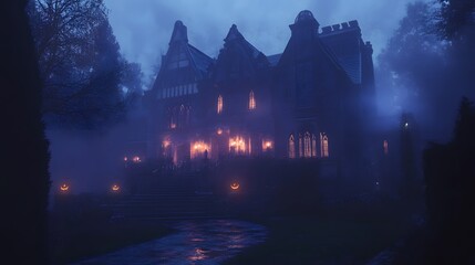 Wall Mural - A gothic mansion illuminated by high contrast lighting with glowing Halloween decorations and a misty atmosphere creating a mysterious vibe