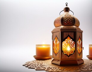 Wall Mural - Ornamental Arabic lantern with burning candle glowing at night mosque background. Festive greeting card, invitation for Muslim holy month Ramadan 