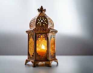 Wall Mural - Ornamental Arabic lantern with burning candle glowing at night mosque background. Festive greeting card, invitation for Muslim holy month Ramadan 