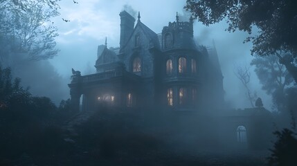 Wall Mural - A misty scene with a dark gothic mansion glowing windows and intricate Halloween decorations enhancing its eerie charm