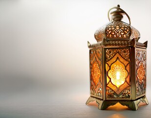 Wall Mural - Ornamental Arabic lantern with burning candle glowing at night mosque background. Festive greeting card, invitation for Muslim holy month Ramadan 