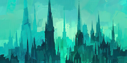 An abstract composition of church spires rising above a city skyline, painted in shades of teal and lavender.