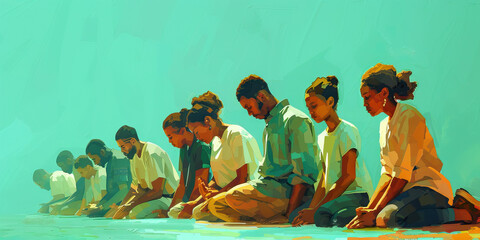 A group of worshipers kneeling in prayer, their eyes closed and heads bowed, against a serene bluish-green background, symbolizing hope and peace.