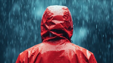 A person wearing a red raincoat is standing with their back to the camera in the midst of heavy rainfall, showcasing the resilience against harsh weather conditions.