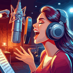 Wall Mural - A woman with headphones and singing