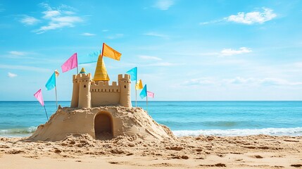 A vibrant sand castle adorns a sun-kissed beach, its colorful flags fluttering against the backdrop of a vast ocean. This captivating panorama captures the essence of relaxation 