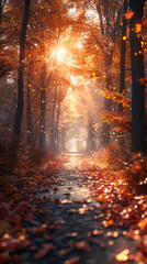 Wall Mural - warm glow fall autumn forest woods with path