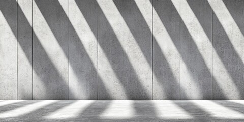 Bright sunlight creates sharp shadows on a concrete wall, enhancing the minimalist aesthetic in an indoor environment