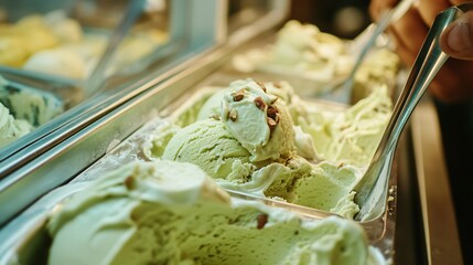 Wall Mural - A close up of a classic Italian gelato, with rich flavors like pistachio, stracciatella, and hazelnut, served in a charming gelato shop