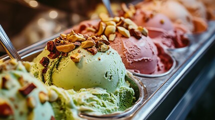 A close up of a classic Italian gelato, with rich flavors like pistachio, stracciatella, and hazelnut, served in a charming gelato shop