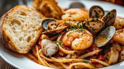 A close up of a classic Italian seafood pasta, with a rich tomato sauce, fresh clams, shrimp, and herbs, served with a side of crusty bread