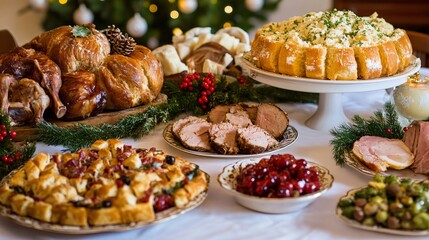 Wall Mural - A traditional Italian holiday table with a feast of panettone, roasted meats, and a variety of festive antipasti and side dishes