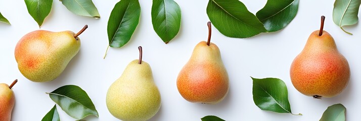 Wall Mural - A composition of ripe pears and green leaves on a white background.