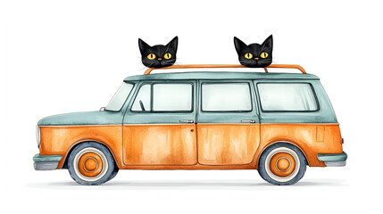 Watercolor illustration of vintage car with two black cats sitting on the roof