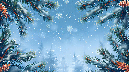 Aufkleber - Pine branches covered in snow forming a festive backdrop for a christmas scene
