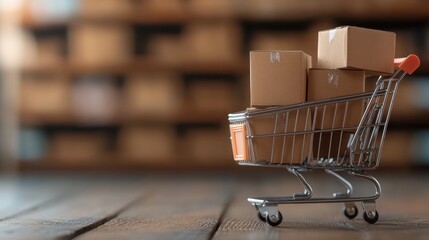 A miniature shopping cart filled with neatly stacked cardboard packages, placed on a wooden floor. Blurred background of shelves emphasizes focus on cart.