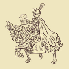 A knight in armor on an armored horse holds a mug of foamy beer. Alcohol menu in a tavern, pub or restaurant. A medieval drink in the modern world.