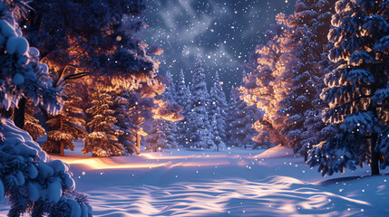 Aufkleber - Snow is gently falling on a snowy path illuminated by the warm light of the setting sun in a coniferous forest