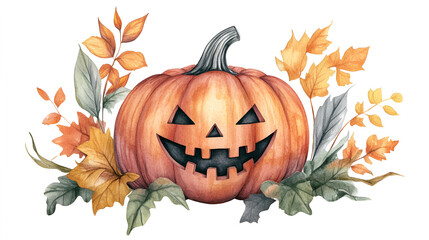 Wall Mural - Spooky Watercolor Halloween Pumpkin with Autumn Leaves