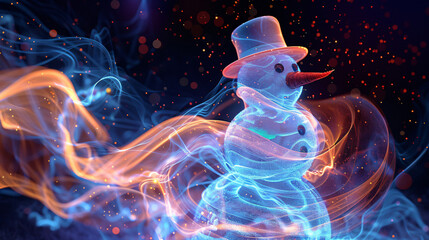 Poster - Stylized snowman is glowing surrounded by blue and orange particles in the night