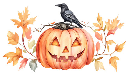 Wall Mural - Spooky Jack-O-Lantern with Raven and Autumn Leaves for Halloween