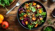 © Marry93 - A flat lay of a vibrant autumnal salad, with roasted root vegetables, quinoa, and a tangy balsamic dressing, on a wooden table