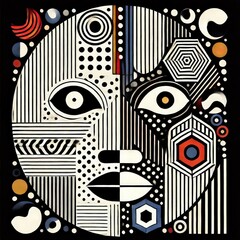Fototapete - A stylized face design filled with geometric shapes and patterns stands out against a dark background, showcasing creativity and artistic expression through visual elements