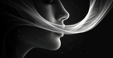 Leinwandbilder - The graceful profile of a woman is highlighted as delicate wisps of fabric swirl around her, creating a striking contrast against the dark background and enhancing the sense of elegance