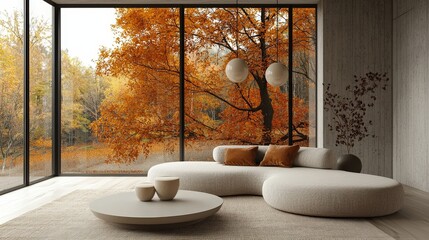 Poster - A cozy, modern living room features a curved white sofa and a round coffee table. Large windows reveal a stunning autumn view with orange and yellow foliage outside