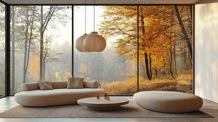 Poster - A stylish and cozy living room features a minimalist design with a round sofa and coffee table. Large windows showcase vibrant autumn trees illuminated by sunset light
