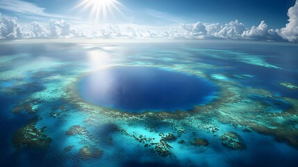 Aerial view of the blue hole on a beautiful coral reef in Great Exuma, an isolated circular structure that appears to be reaching out into deep water. The vast ocean is seen around it, with clear skie