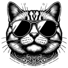 Cat wearing sunglasses, detailed black and white artwork on white background. Vector, generative ai.