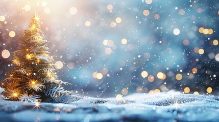 Aufkleber - Snowy christmas tree is glowing with golden lights on a snowy background with falling snow and bokeh