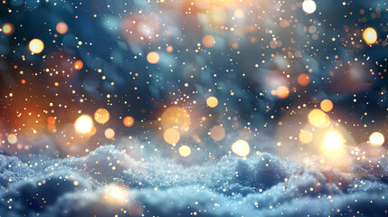 Poster - Snow falling on snowy ground with a sparkling christmas lights background creating a magical winter holiday mood